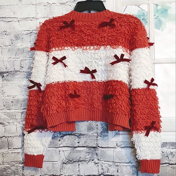 LOOP KNIT WITH BOWS ROSE AND WHITE COLOR CROPPED CARDIGAN SWEATER SIZE  XL - Picture 3 of 9